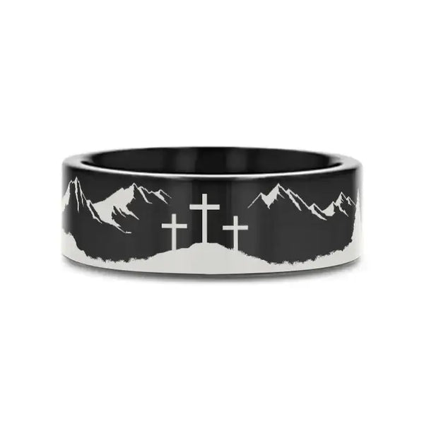 MOUNTAIN MAJESTY Laser Engraved Black Tungsten Carbide Ring - Larson Jewelers