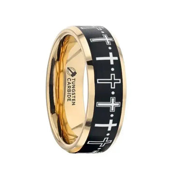 MULTIPLE CROSS Engraved Gold Plated Tungsten Polished Beveled Ring with Brushed Black Center - Larson Jewelers