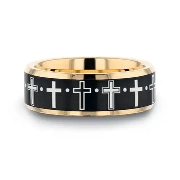 MULTIPLE CROSS Engraved Gold Plated Tungsten Polished Beveled Ring with Brushed Black Center - Larson Jewelers