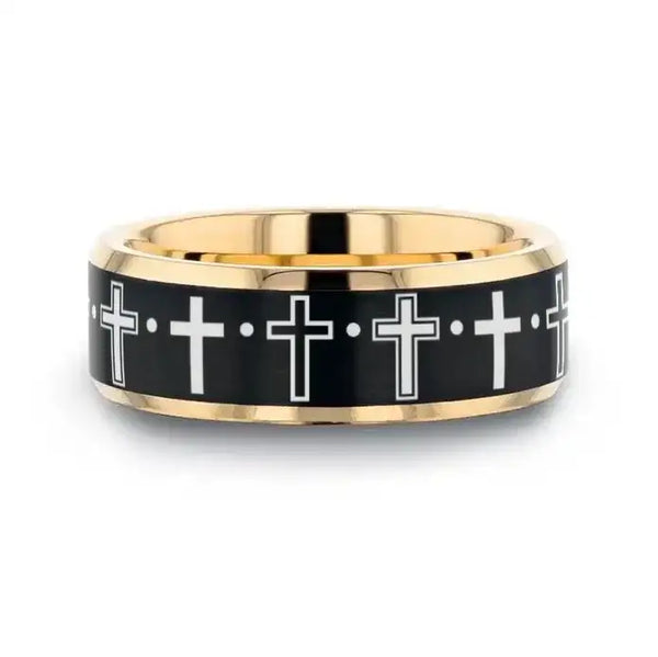 MULTIPLE CROSS Engraved Gold Plated Tungsten Polished Beveled Ring with Brushed Black Center - Larson Jewelers