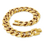 Close-up of a gold-tone stainless steel Cuban link chain bracelet with box clasp, 14mm width