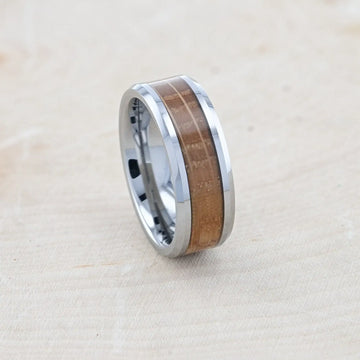 DISTILLED Whiskey Barrel Inlaid Tungsten Men's Wedding Band With Beveled Polished Edges Made From Genuine Whiskey Barrels - 8mm - Larson Jewelers