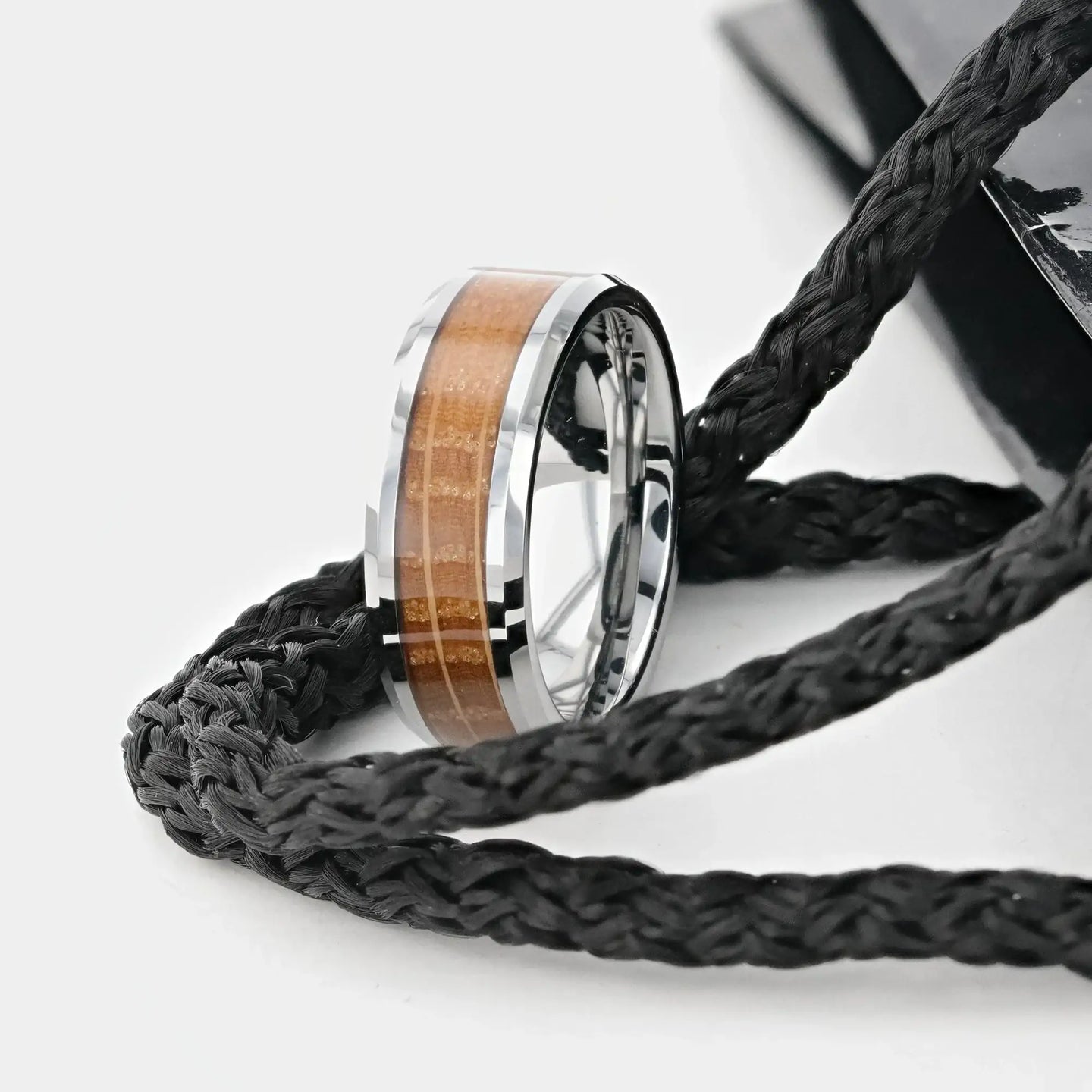 DISTILLED Whiskey Barrel Inlaid Tungsten Men's Wedding Band With Beveled Polished Edges Made From Genuine Whiskey Barrels - 8mm - Larson Jewelers