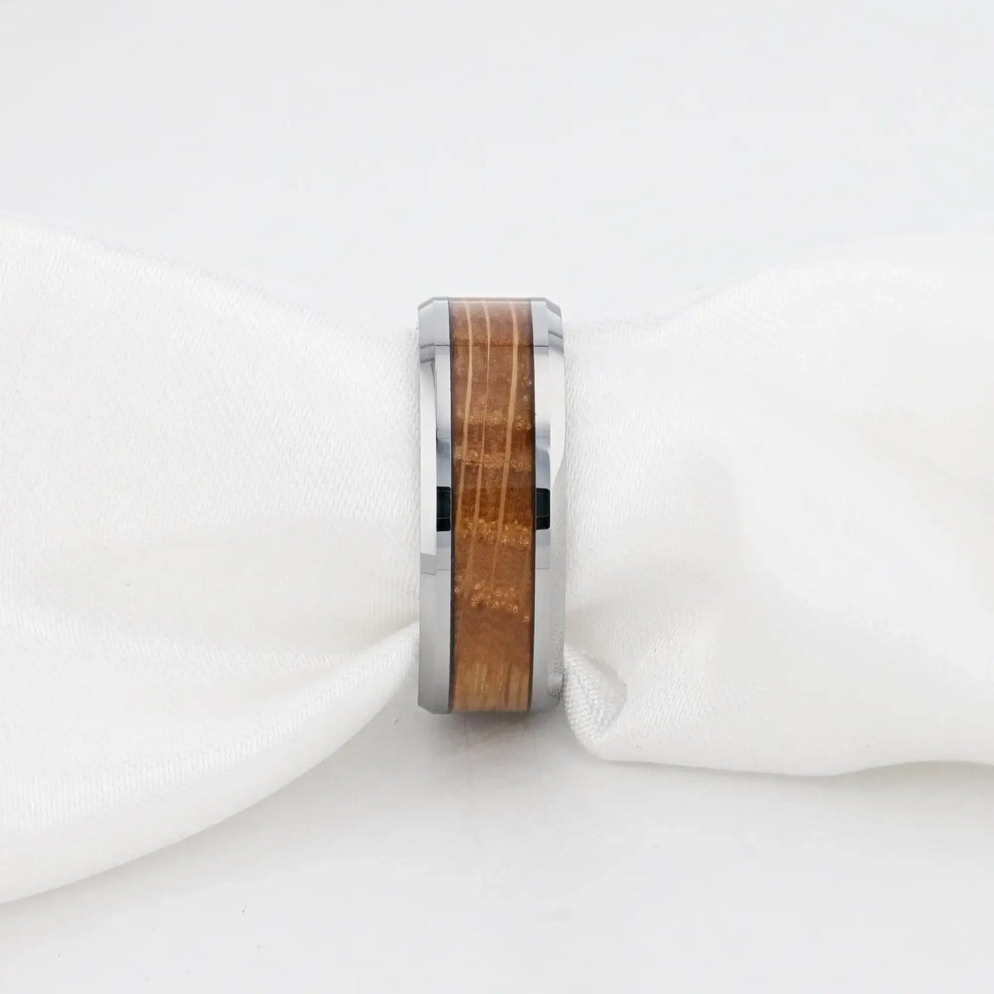 DISTILLED Whiskey Barrel Inlaid Tungsten Men's Wedding Band With Beveled Polished Edges Made From Genuine Whiskey Barrels - 8mm - Larson Jewelers