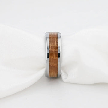 DISTILLED Whiskey Barrel Inlaid Tungsten Men's Wedding Band With Beveled Polished Edges Made From Genuine Whiskey Barrels - 8mm - Larson Jewelers