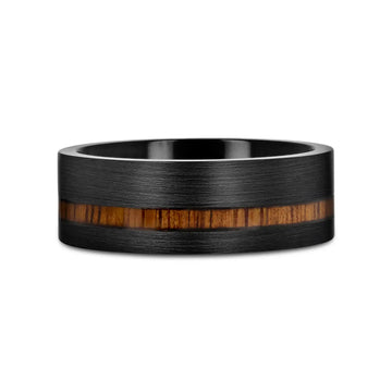 DARING Off-Set Koa Wood Inlaid Black Titanium Men's Wedding Band With Flat Brushed Finish - 8mm - Larson Jewelers