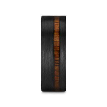 DARING Off-Set Koa Wood Inlaid Black Titanium Men's Wedding Band With Flat Brushed Finish - 8mm - Larson Jewelers