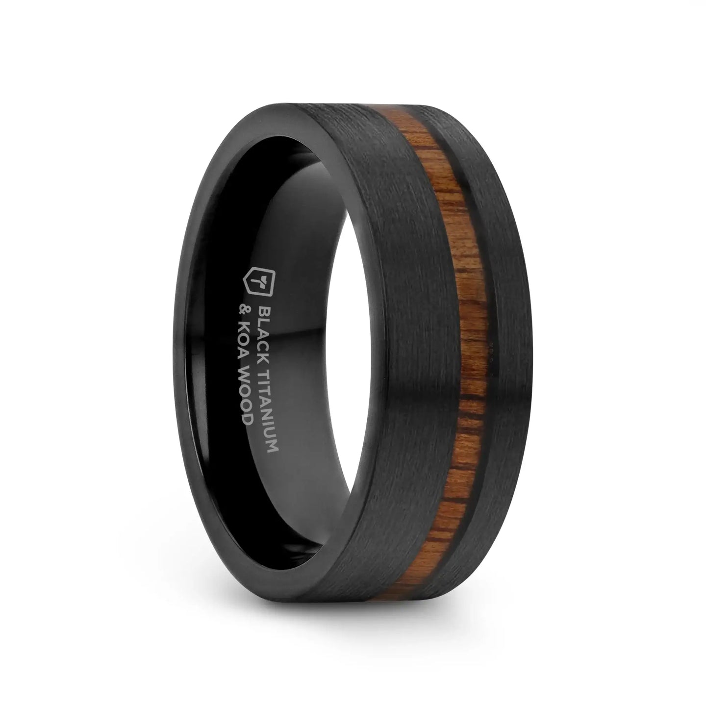 DARING Off-Set Koa Wood Inlaid Black Titanium Men's Wedding Band With Flat Brushed Finish - 8mm - Larson Jewelers