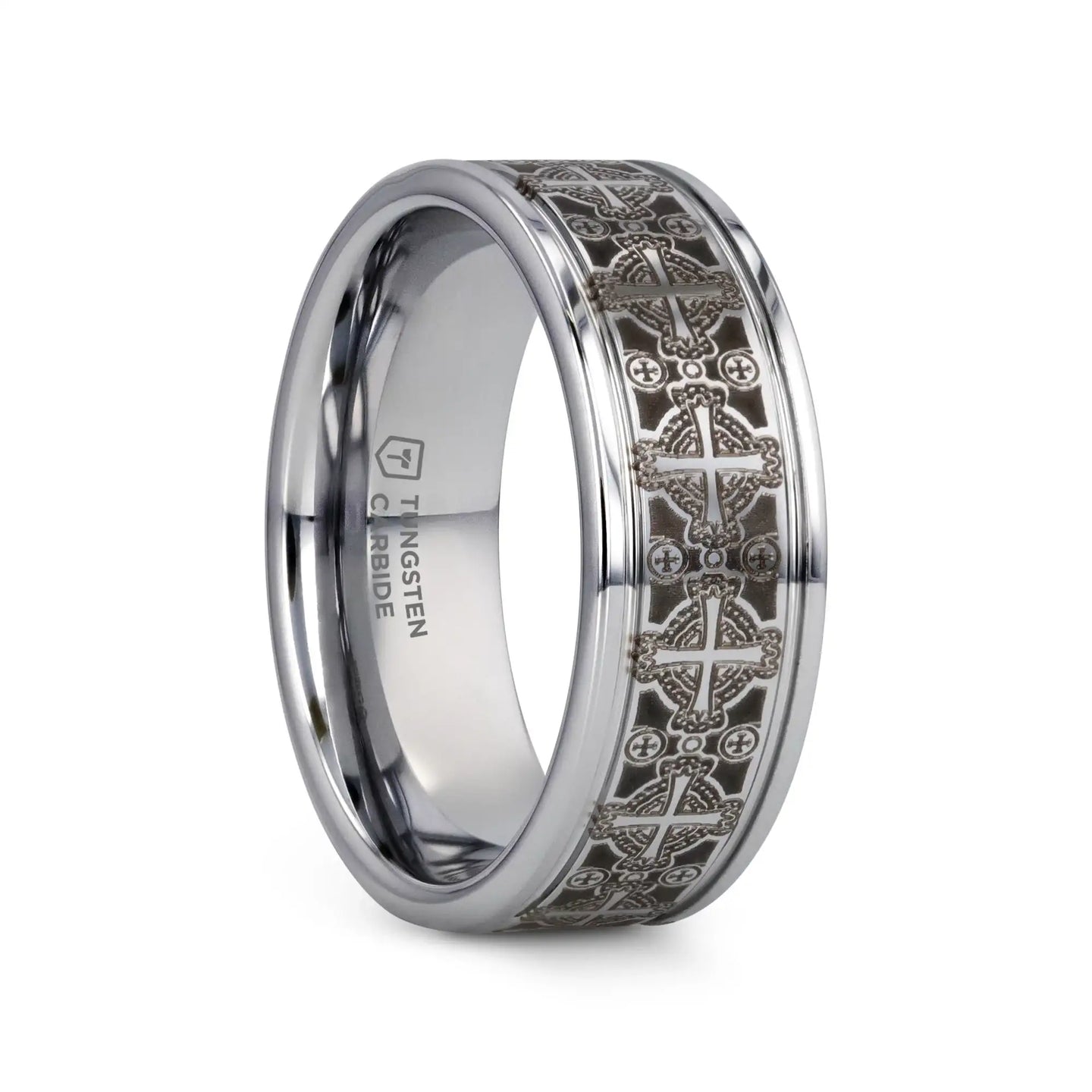 DEACON Flat Tungsten Ring Laser Engraved Celtic Crosses - 8mm - Larson Jewelers