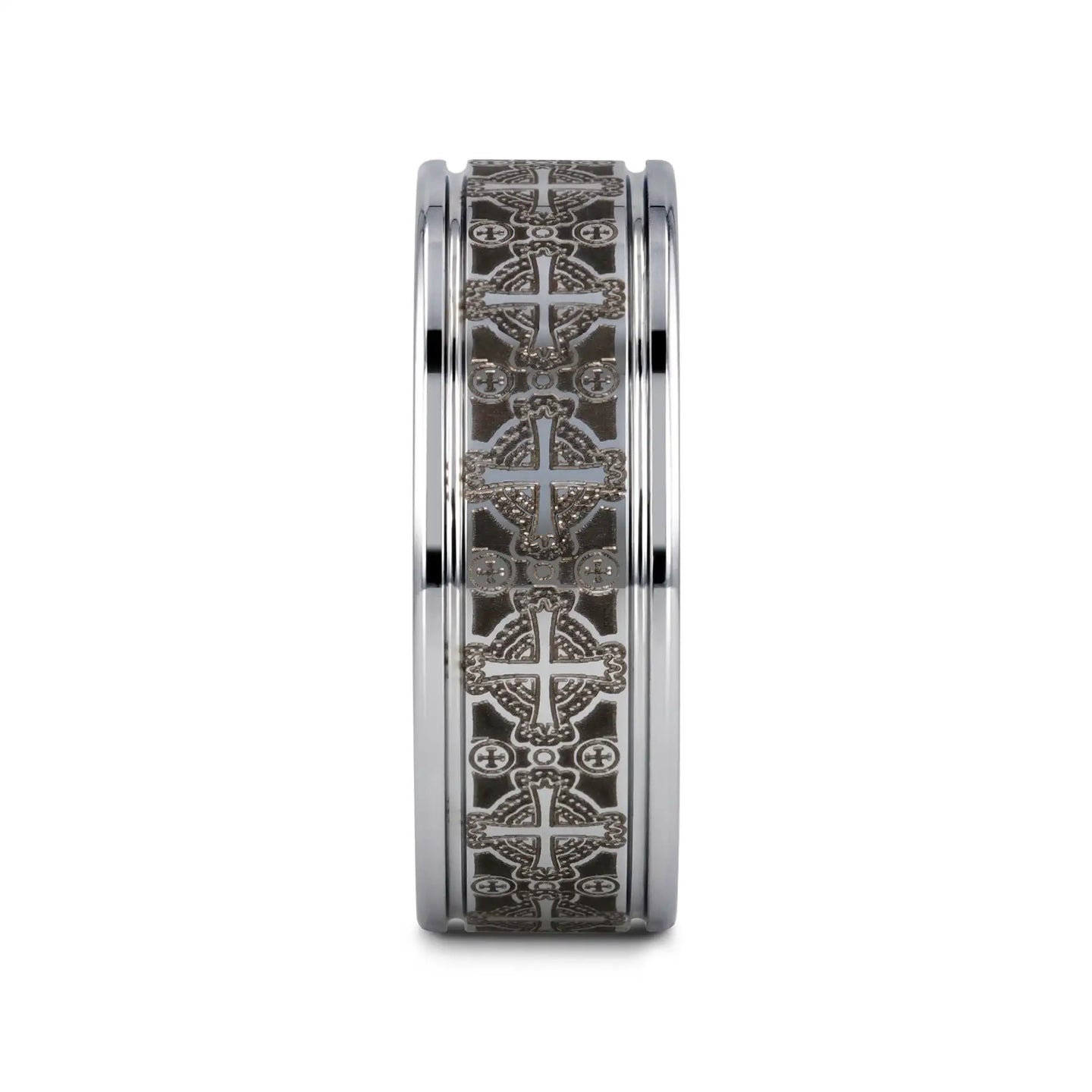 DEACON Flat Tungsten Ring Laser Engraved Celtic Crosses - 8mm - Larson Jewelers