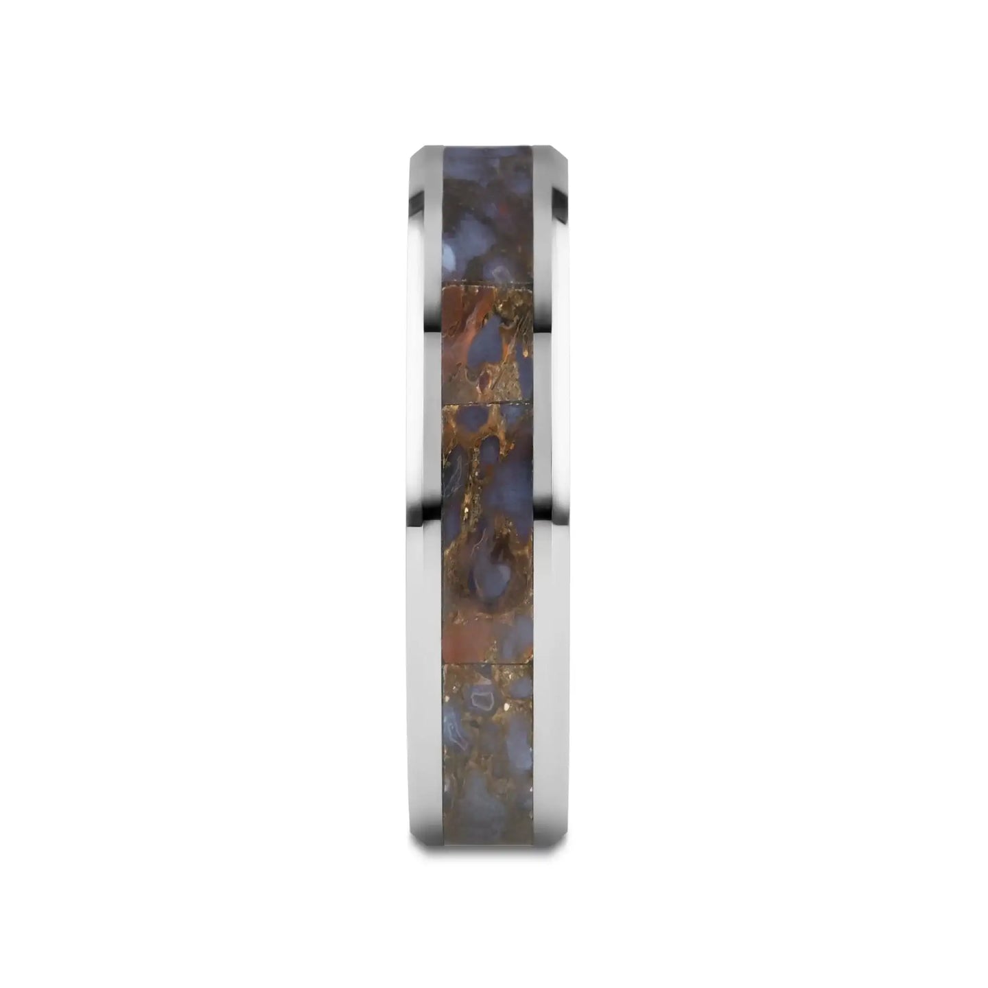 DEVONIAN Blue Dinosaur Bone Inlaid Tungsten Carbide Beveled Edged Ring - 4mm or 8mm - Larson Jewelers