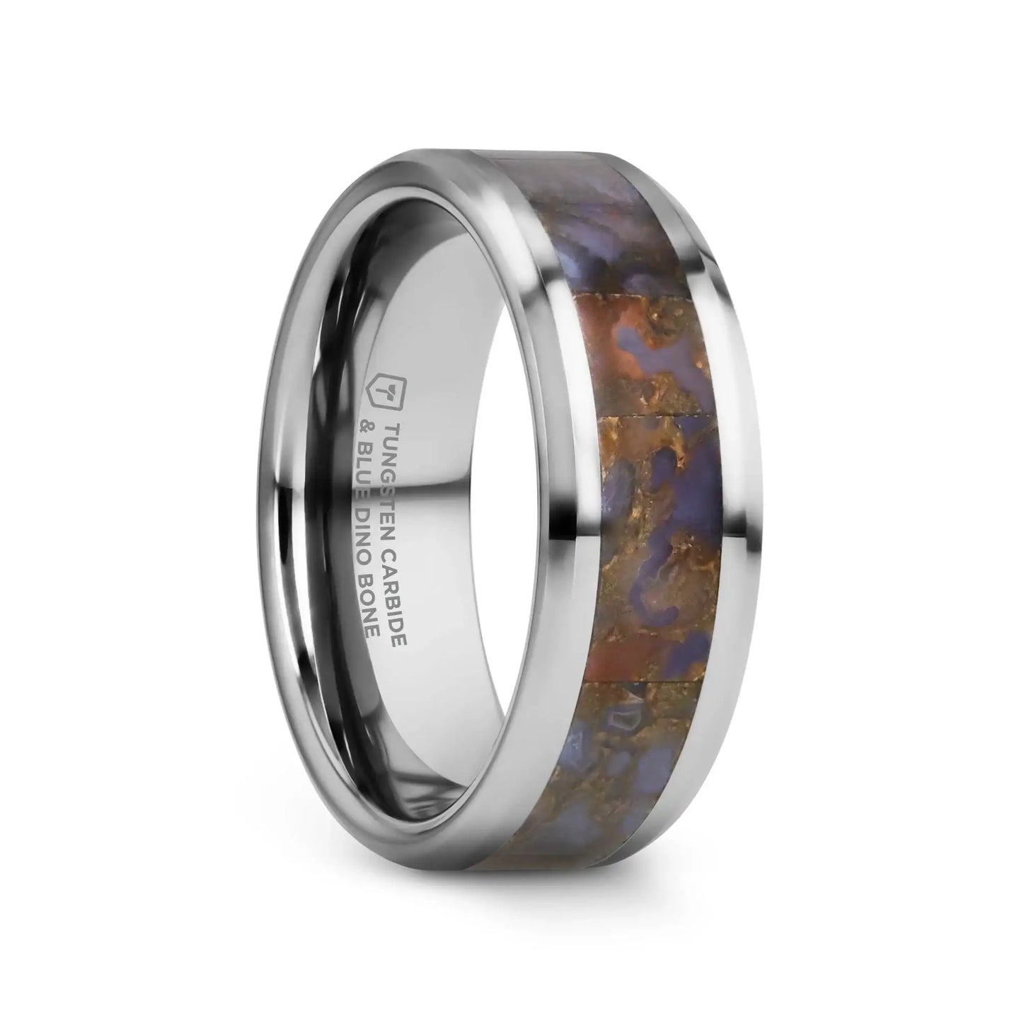 DEVONIAN Blue Dinosaur Bone Inlaid Tungsten Carbide Beveled Edged Ring - 4mm or 8mm - Larson Jewelers