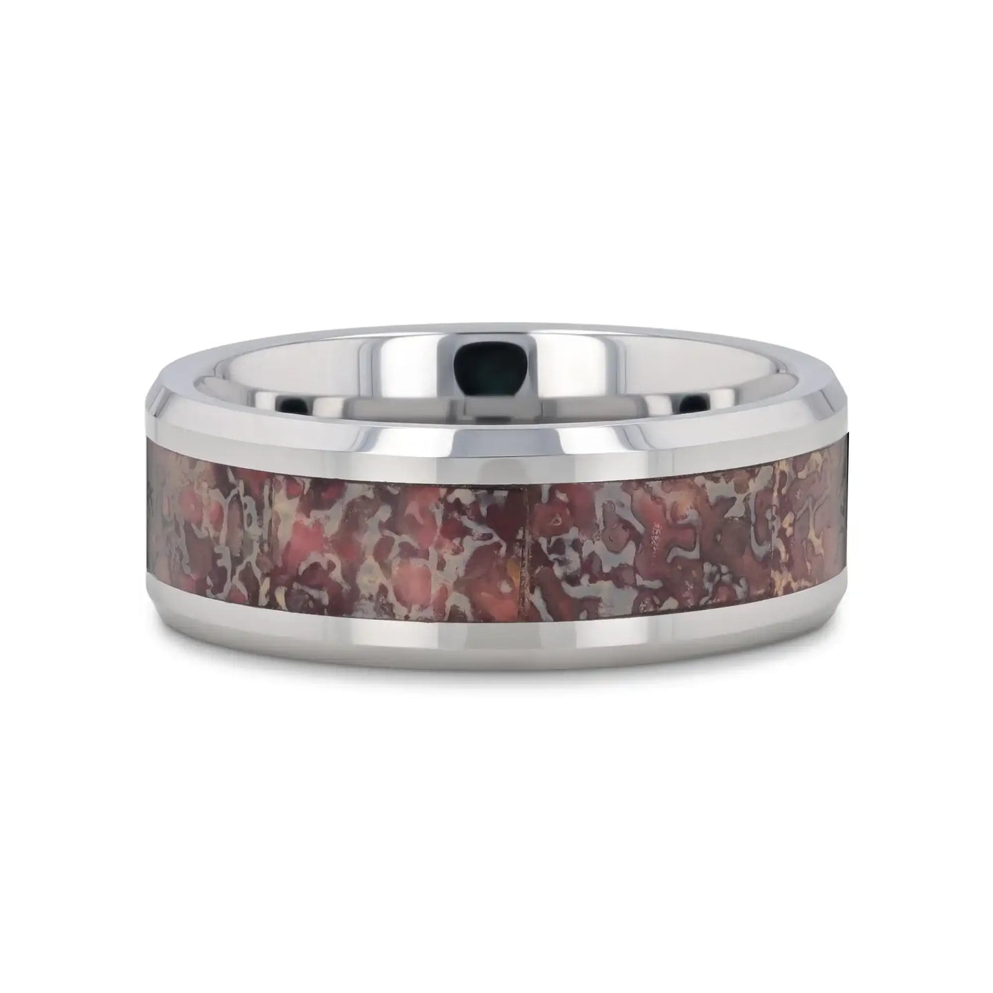 ARCHEAN Pink Dinosaur Bone Inlaid Tungsten Carbide Beveled Edged Ring - 4mm - 8mm - Larson Jewelers