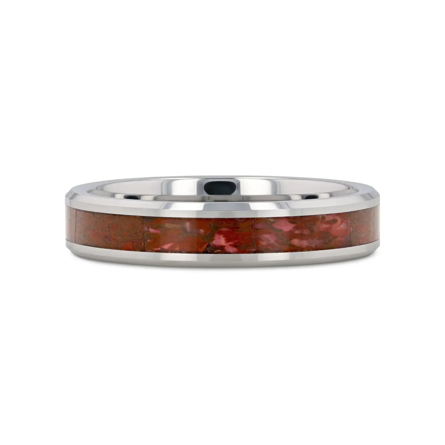 JURASSIC Red Dinosaur Bone Inlaid Tungsten Carbide Beveled Edged Ring - 4mm & 8mm - Larson Jewelers