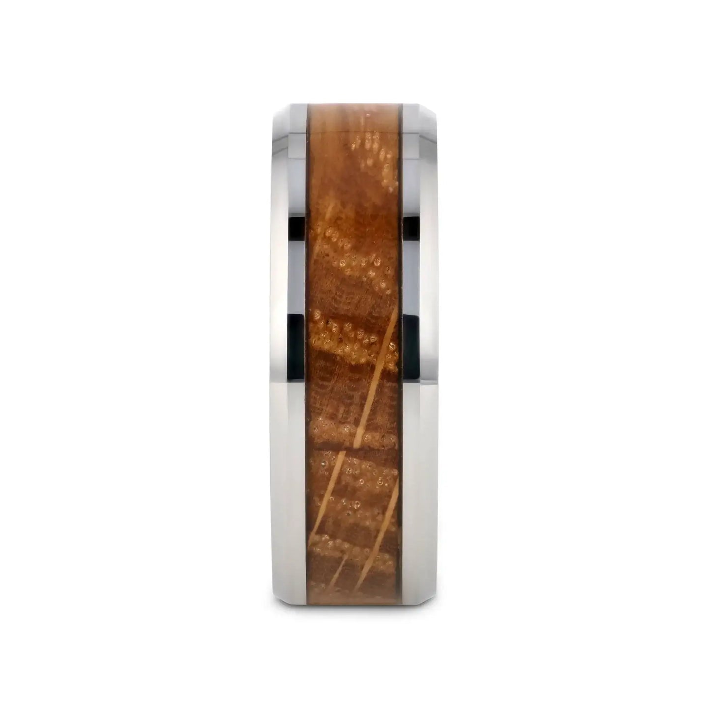 DISTILLED Whiskey Barrel Inlaid Tungsten Men's Wedding Band With Beveled Polished Edges Made From Genuine Whiskey Barrels - 8mm - Larson Jewelers