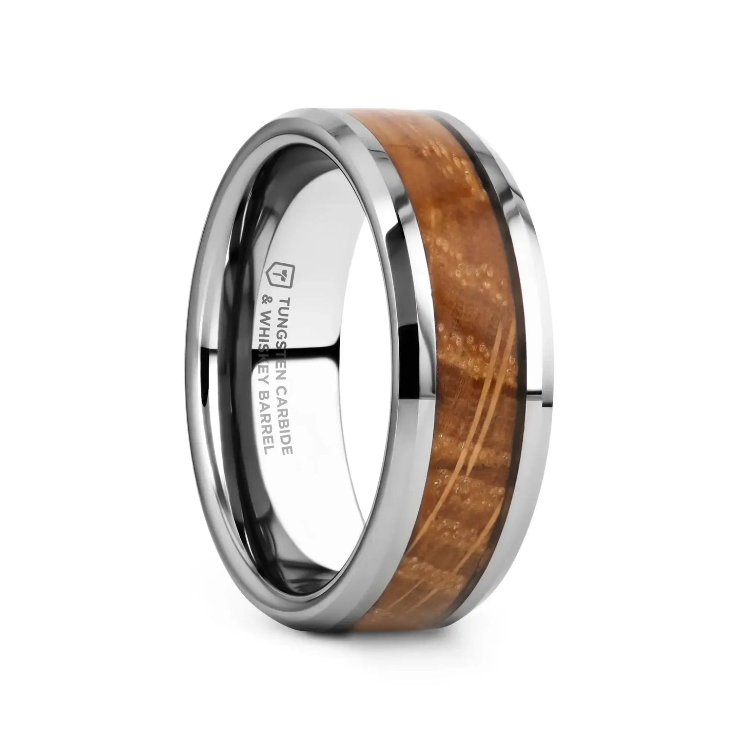 DISTILLED Whiskey Barrel Inlaid Tungsten Men's Wedding Band With Beveled Polished Edges Made From Genuine Whiskey Barrels - 8mm - Larson Jewelers
