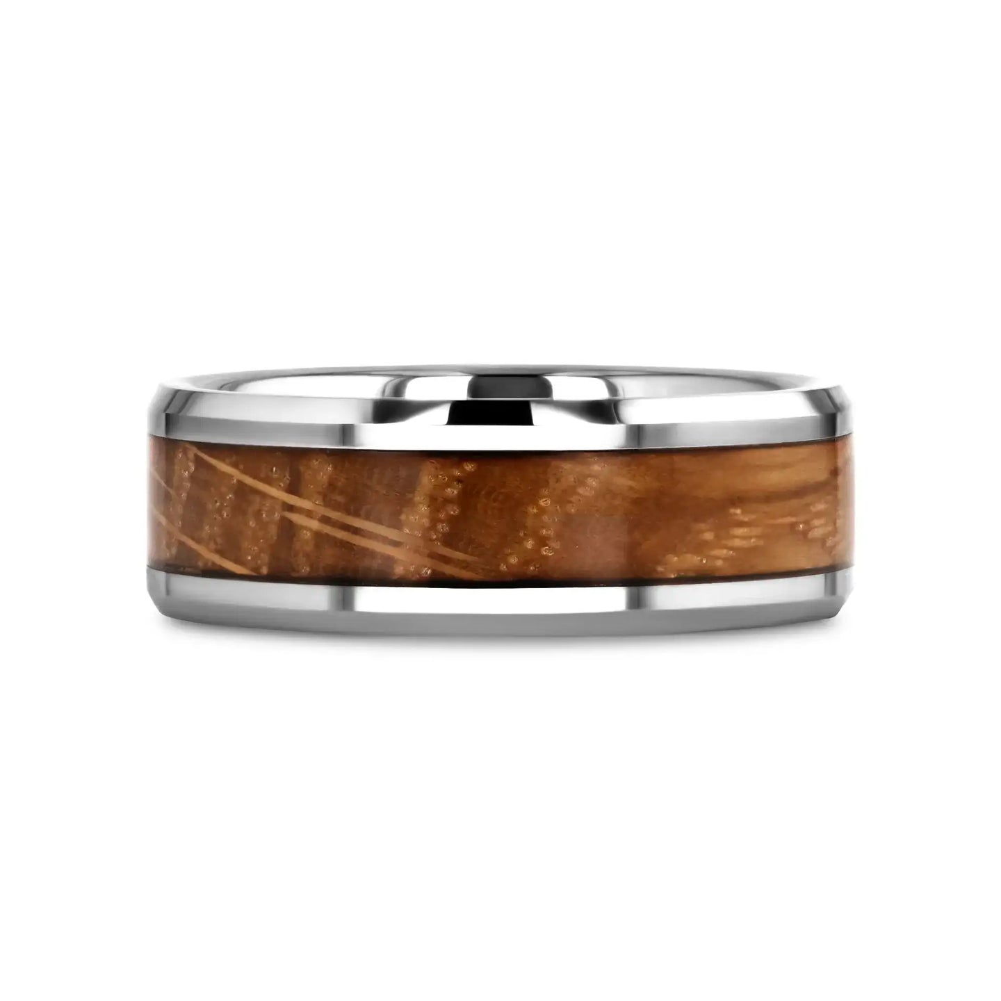 DISTILLED Whiskey Barrel Inlaid Tungsten Men's Wedding Band With Beveled Polished Edges Made From Genuine Whiskey Barrels - 8mm - Larson Jewelers