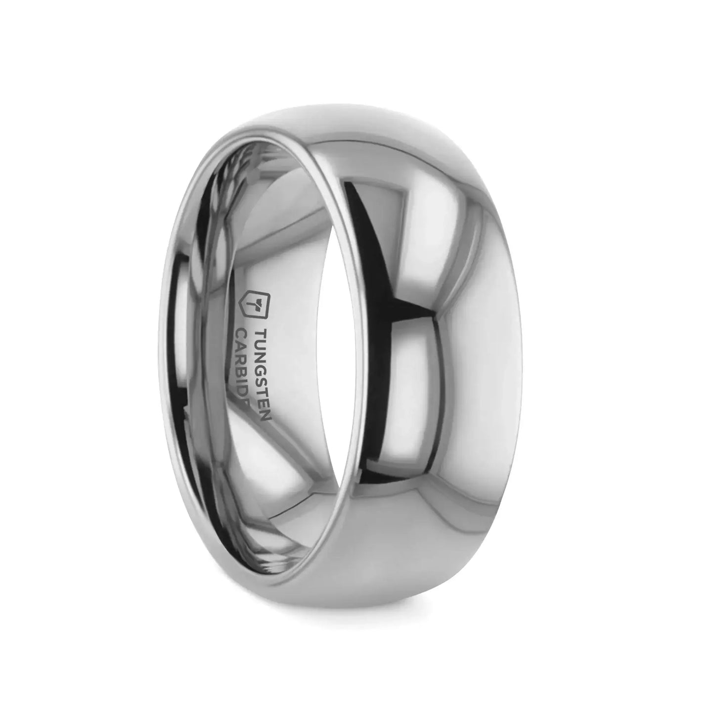 DOMINUS domed tungsten carbide ring with polished finish, front angled view on white background