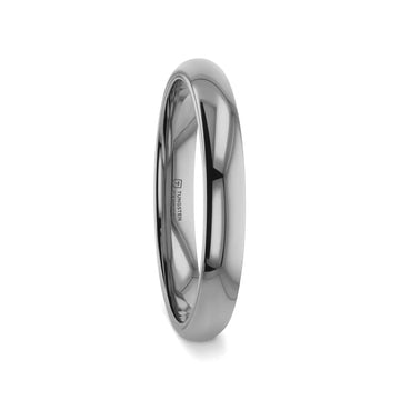 DOMINUS domed tungsten carbide ring on white background, alternate angle emphasizing curvature