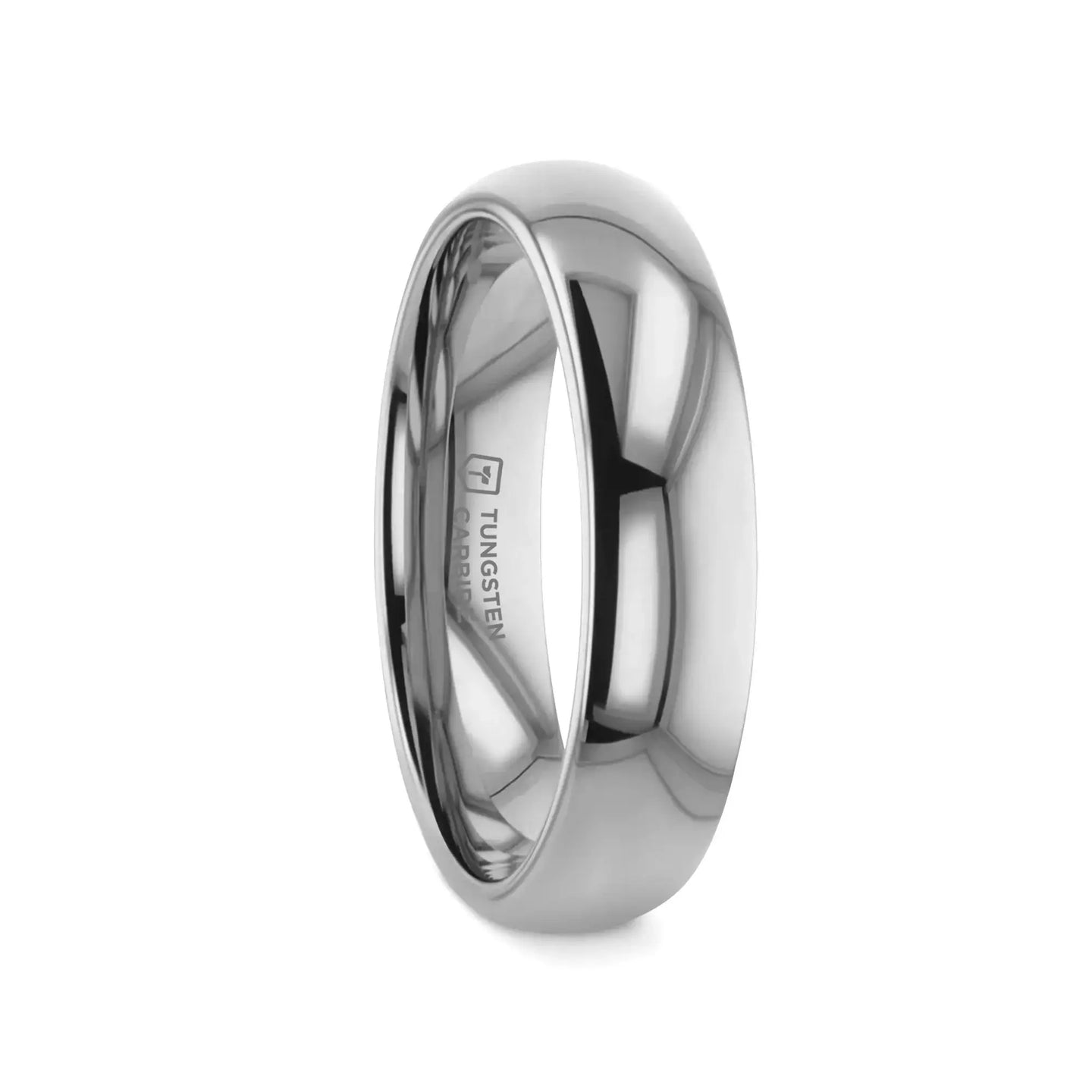DOMINUS domed tungsten carbide ring on white background, alternate close-up emphasizing polished finish