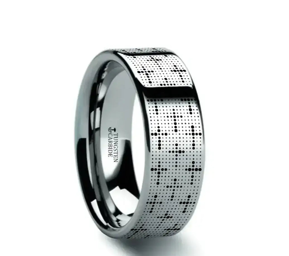 DOTTED CROSSES on Flat Tungsten Carbide Ring - Larson Jewelers