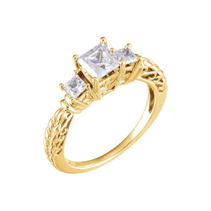 FLORA Three Princess Cut Settings Lab Diamond Engagement Ring with Filagree Pattern in 18K Yellow Gold