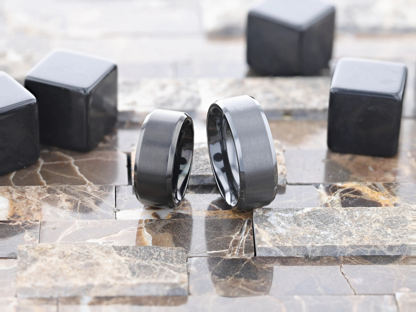 Detail shot of brushed center texture on black titanium ring, 8mm