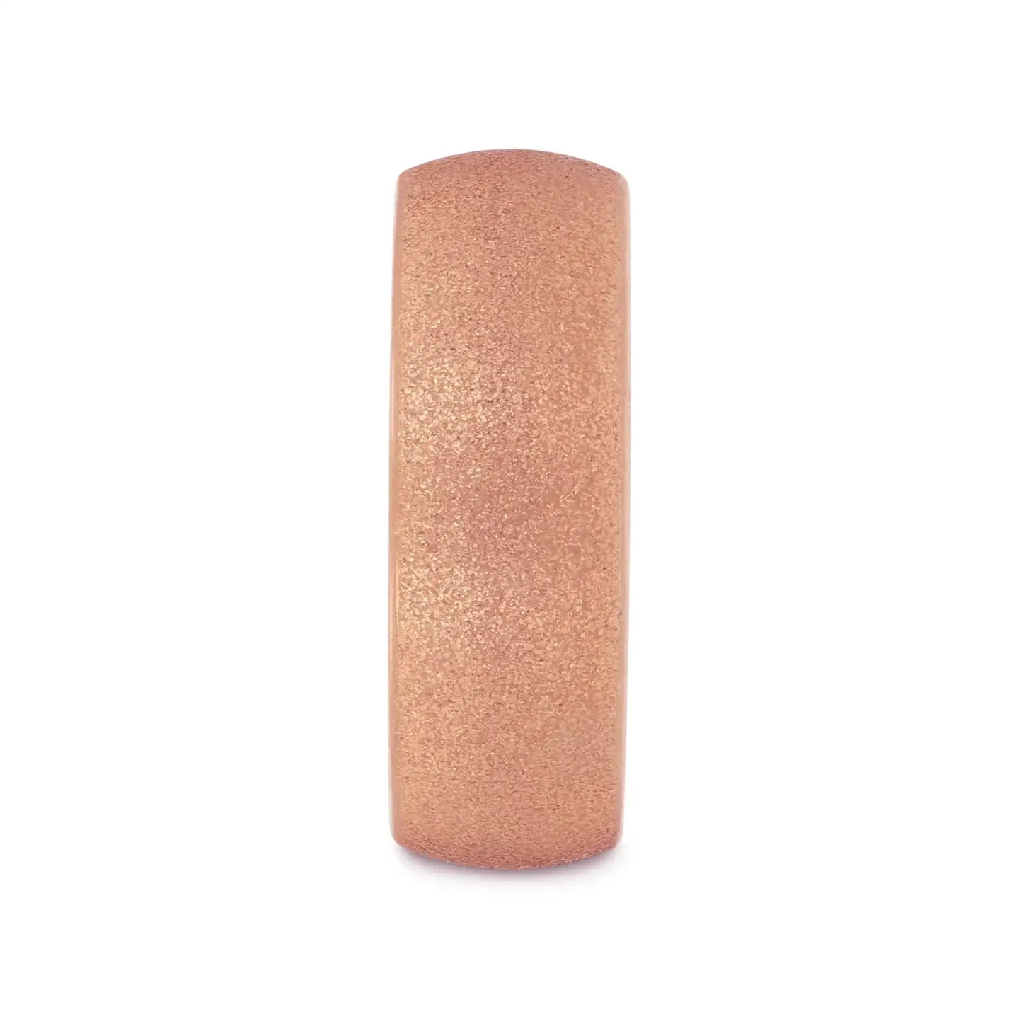 Low-angle view of the ring displaying the textured rose gold exterior and polished comfort-fit interior