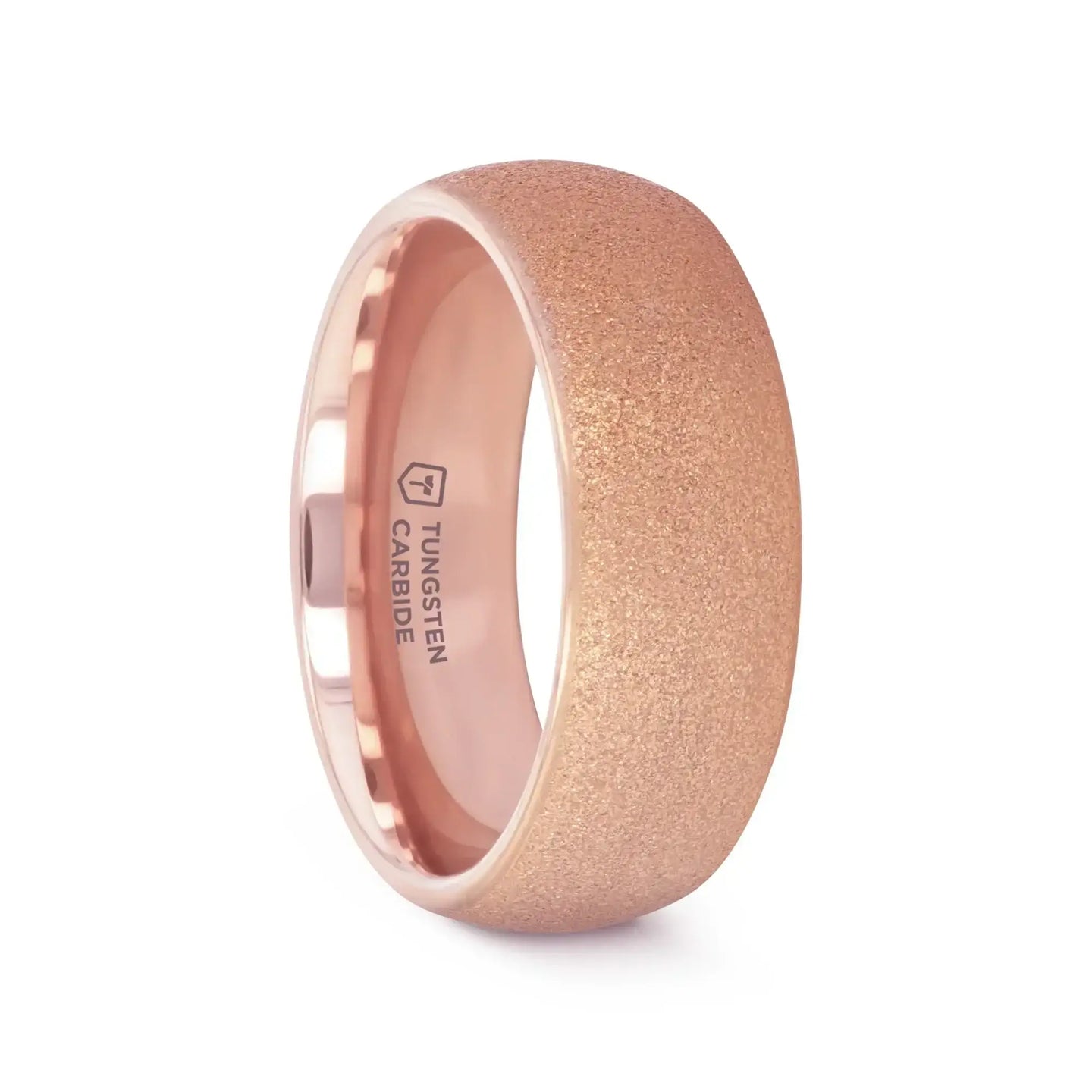 Front view of the domed rose gold sandblasted tungsten carbide ring highlighting the textured finish