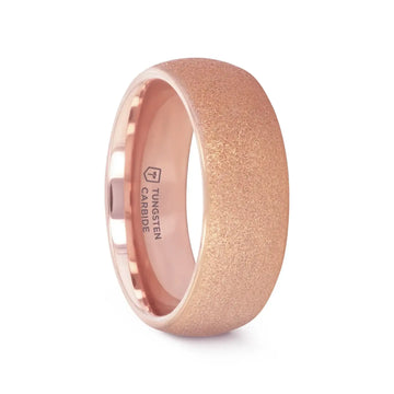 Front view of the domed rose gold sandblasted tungsten carbide ring highlighting the textured finish