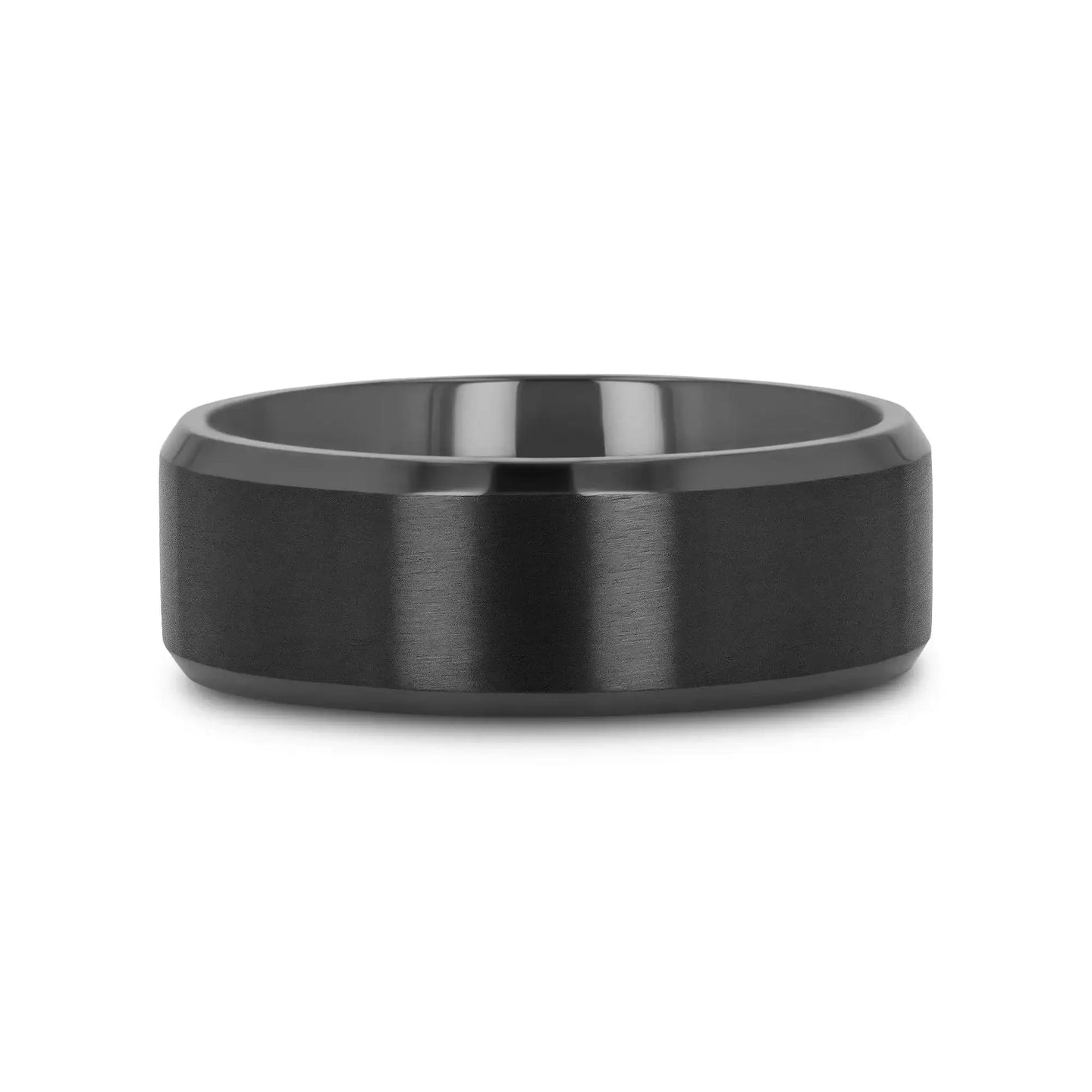 Video thumbnail of ELYSIAN black titanium ring rotating to show beveled edges and brushed finish, 8mm