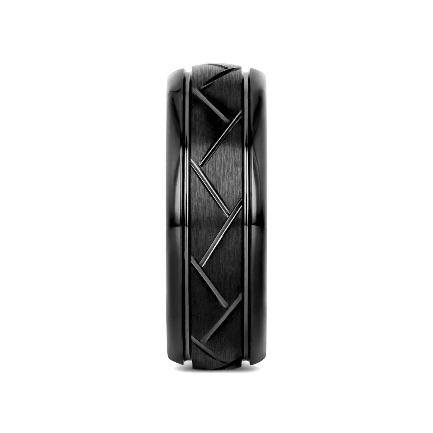 ENIGMA Domed Black Tungsten Ring with Brushed Cross Alternating Diagonal Cuts Pattern – 8mm - Larson Jewelers