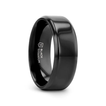 Black titanium wedding band with polished beveled edges, 8mm width, angled three-quarter view showing interior engraving that reads “Black Titanium.”
