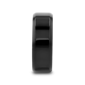 Side profile of an 8mm black titanium ring highlighting the beveled edges and high-polish surface.