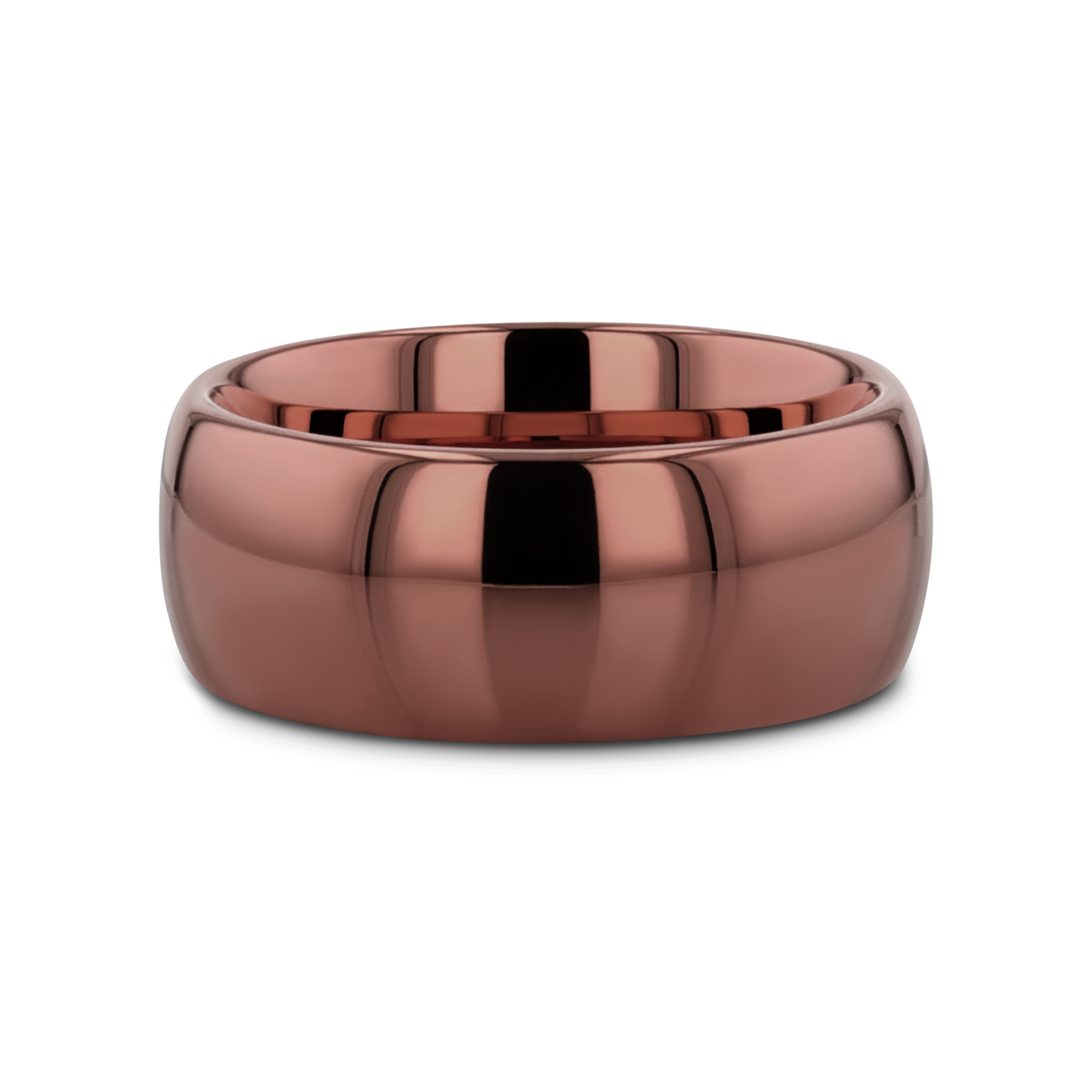 Coffee-colored domed tungsten carbide wedding band with polished finish, 8mm wide.