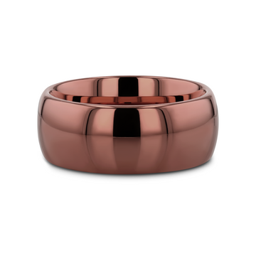 Coffee-colored domed tungsten carbide wedding band with polished finish, 8mm wide.