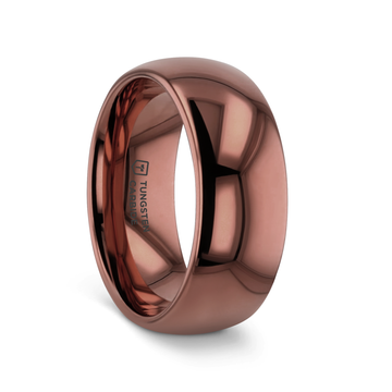 Coffee-colored domed tungsten carbide wedding band with polished finish and engraved interior text.