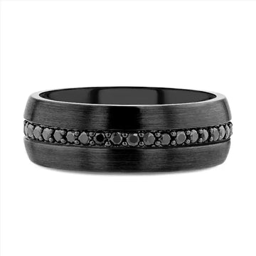 Flat lay side profile of the 8mm black tungsten ring showing the brushed surface and sapphire channel