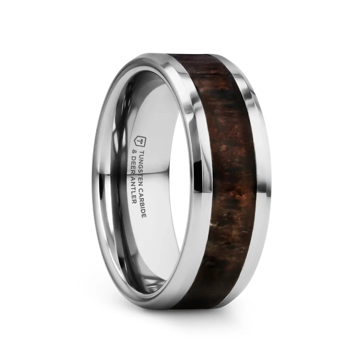 FAWN Beveled Tungsten Carbide Polished Men's Wedding Band with Dark Antler Inlay - 8mm - Larson Jewelers