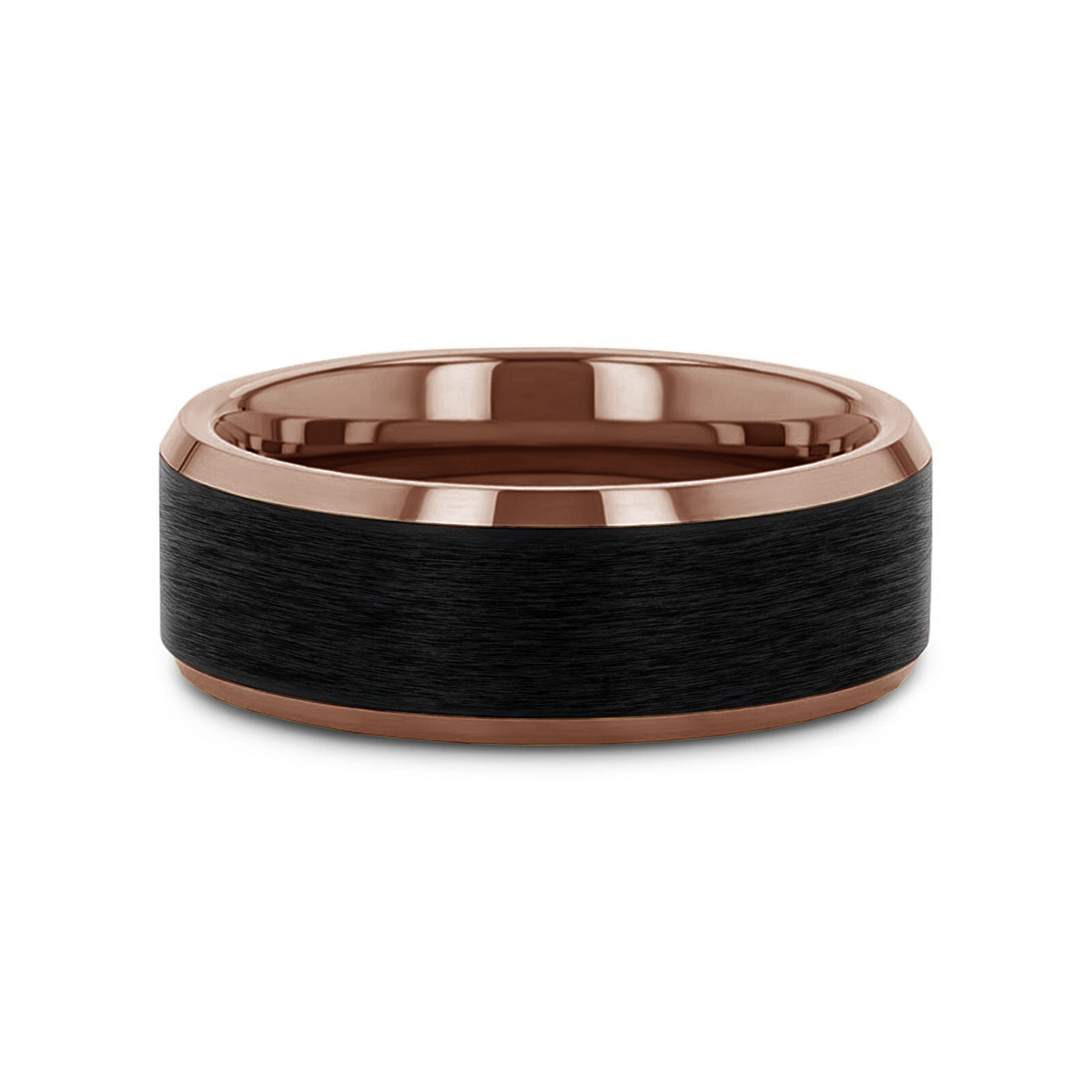 Rose gold ring with brushed black center band and polished beveled edges, displayed at an angle.