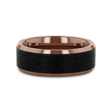 Rose gold ring with brushed black center band and polished beveled edges, displayed at an angle.