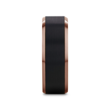 Two-tone tungsten ring with brushed black center stripe and polished copper-colored beveled edges.