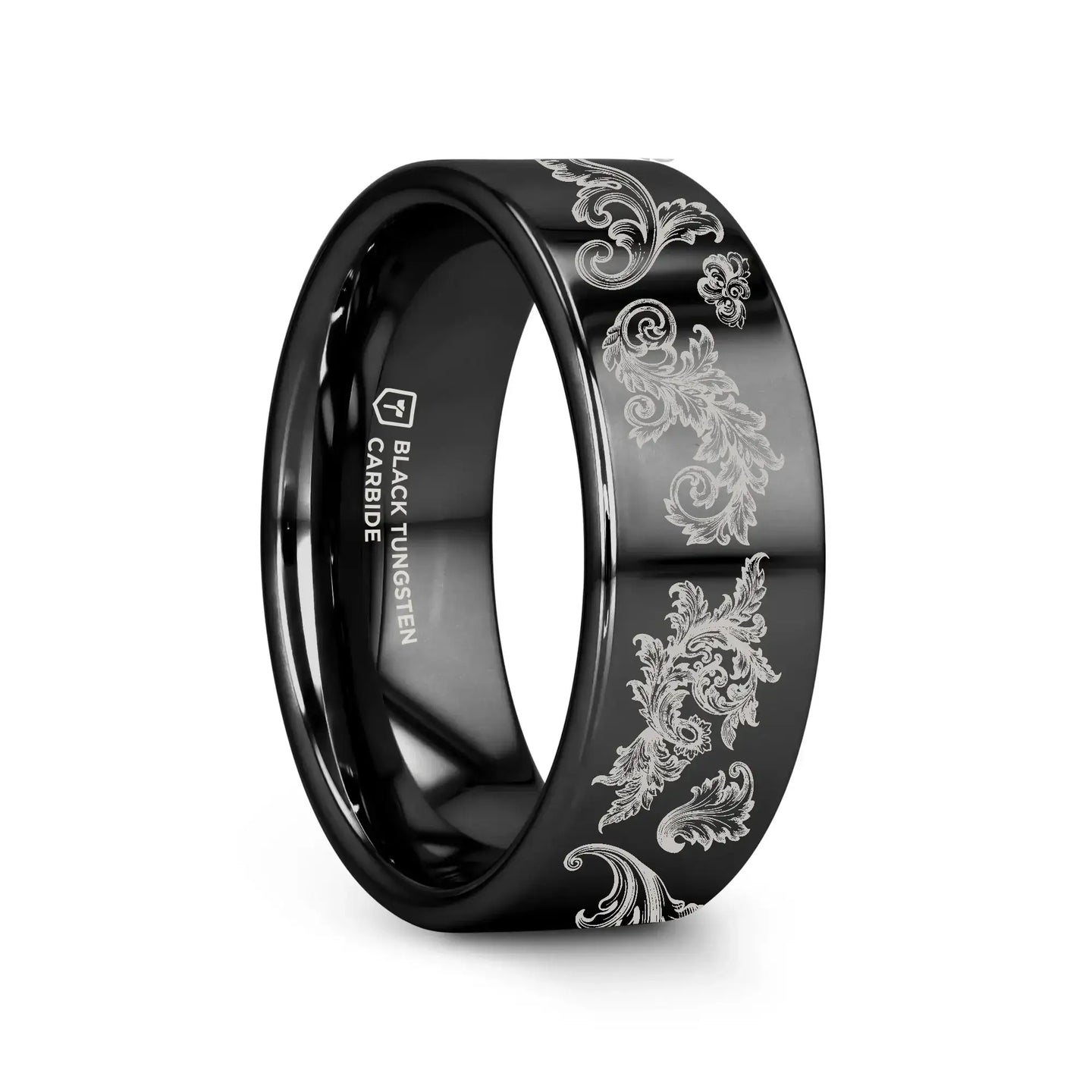 Filigree Leaf Pattern Black Tungsten Engraved Ring - 4mm - 12mm - Larson Jewelers