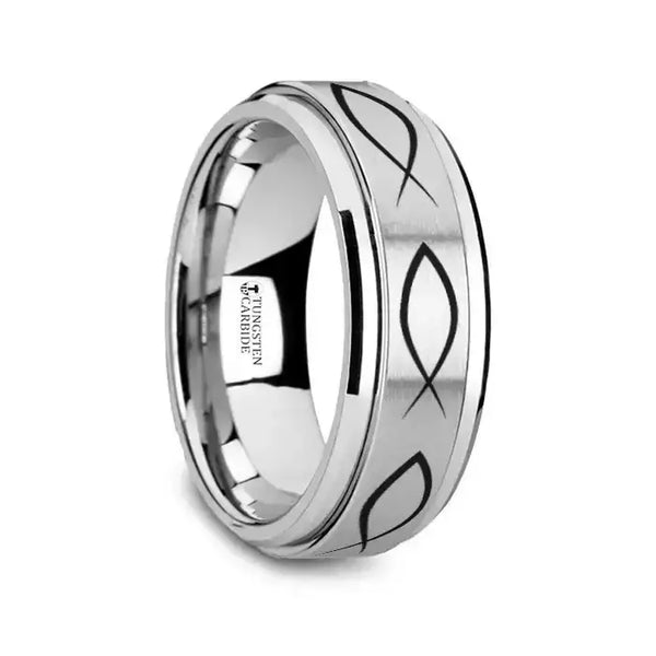 ICHTHYS Spinning Religious Fish Tungsten Carbide Spinner Wedding Band - 8mm - Larson Jewelers