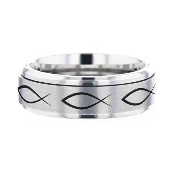 ICHTHYS Spinning Religious Fish Tungsten Carbide Spinner Wedding Band - 8mm - Larson Jewelers