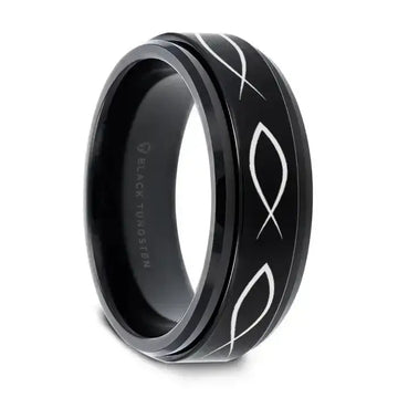 ICHTHYS Spinning Religious Fish Black Tungsten Carbide Spinner Wedding Band - 8mm - Larson Jewelers
