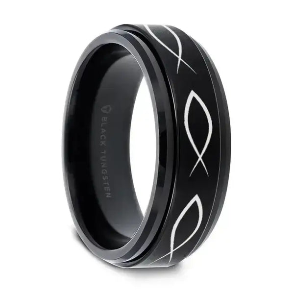 ICHTHYS Spinning Religious Fish Black Tungsten Carbide Spinner Wedding Band - 8mm - Larson Jewelers