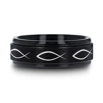 ICHTHYS Spinning Religious Fish Black Tungsten Carbide Spinner Wedding Band - 8mm - Larson Jewelers