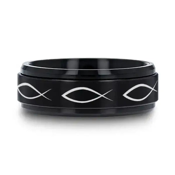ICHTHYS Spinning Religious Fish Black Tungsten Carbide Spinner Wedding Band - 8mm - Larson Jewelers