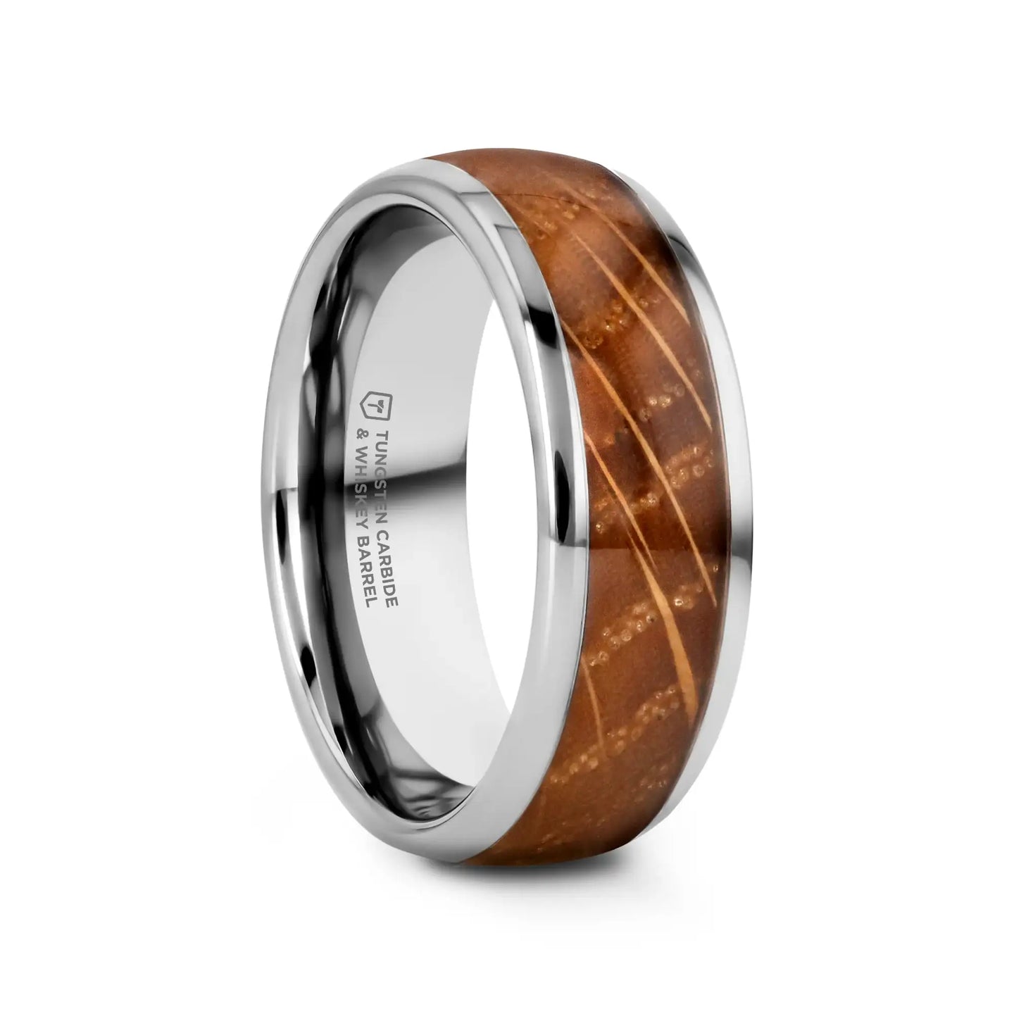 FORMENT Whiskey Barrel Inlaid Tungsten Men's Wedding Band With Domed Polished Edges Made From Genuine Whiskey Barrels - 8mm - Larson Jewelers